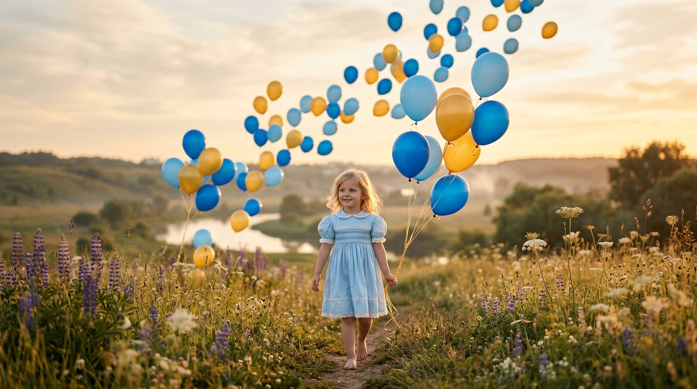 A little blonde girl in a blue dress walking through ascending blue and yellow balloons